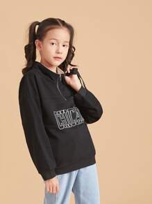 女孩字母圖案半開襟拉鏈運動衫 - 黑色 - 查看 3