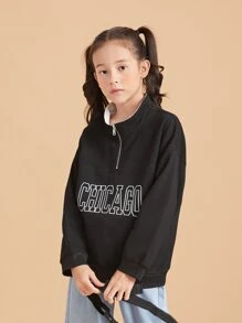 女孩字母圖案半開襟拉鏈運動衫 - 黑色 - 查看 4