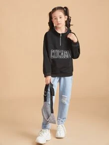 女孩字母圖案半開襟拉鏈運動衫 - 黑色 - 查看 5
