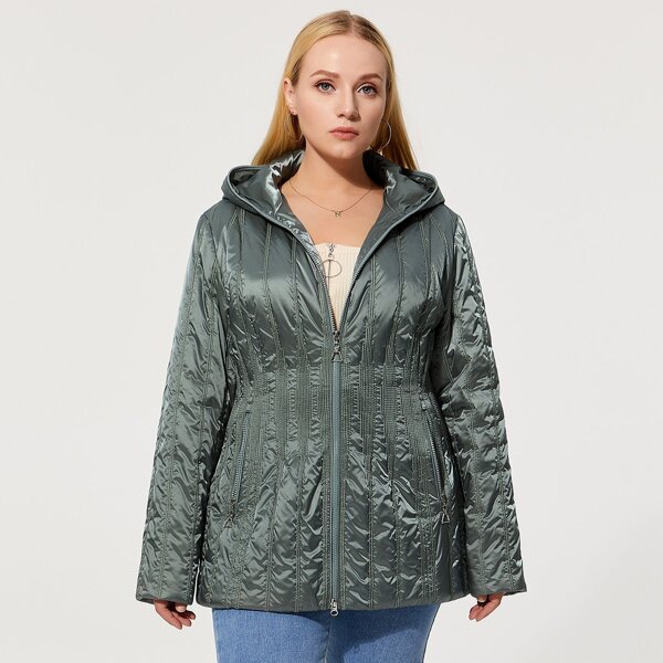 

Plus Slant Pocket Zipper Hooded Puffer Coat, Dark green