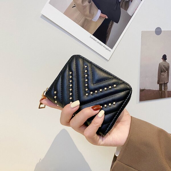 

Textured Faux Pearl Decor Small Wallet, Black
