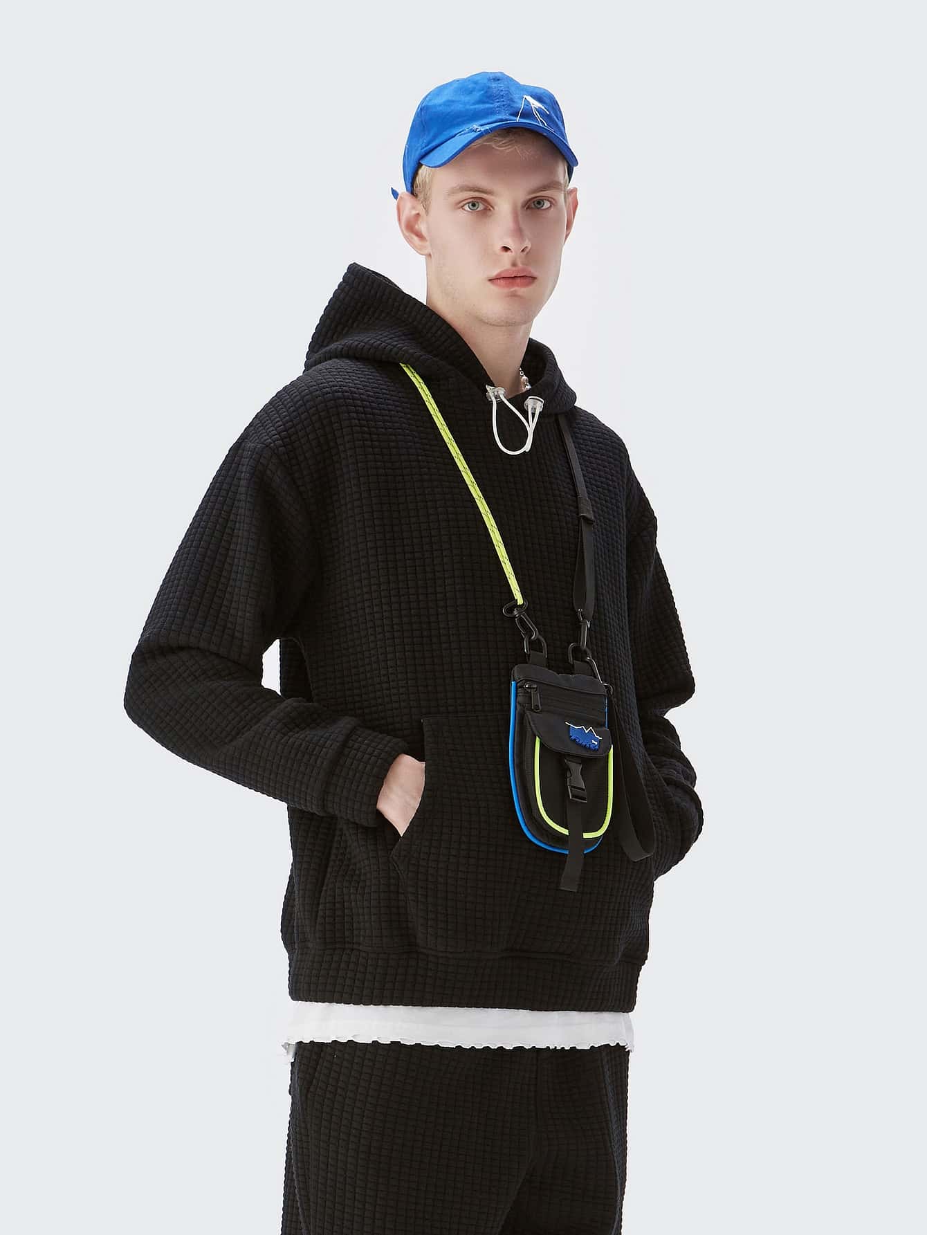 INFLATION Men Drop Shoulder Waffle Knit Hoodie - Black - View 1