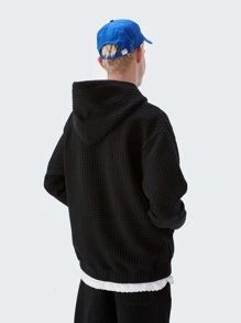 INFLATION Men Drop Shoulder Waffle Knit Hoodie - Black - View 2