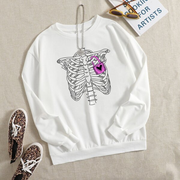 

Lock & Skeleton Print Pullover, White
