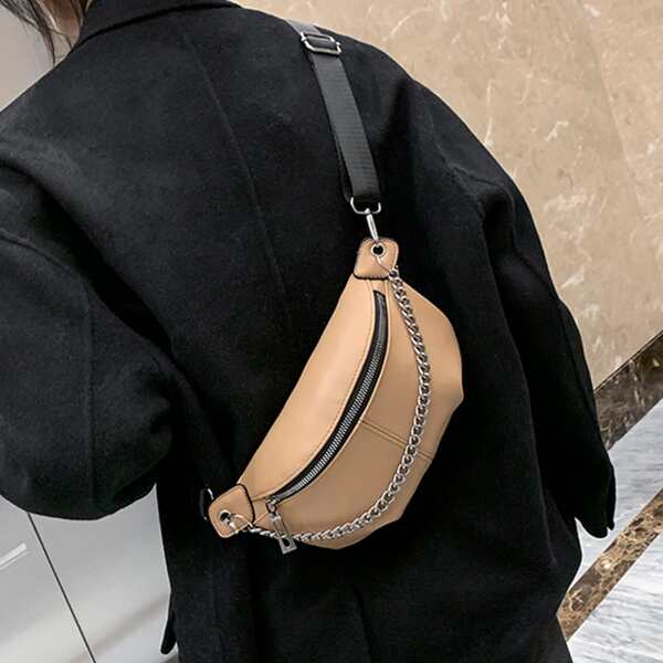 

Minimalist Chain Decor Fanny Pack, Khaki