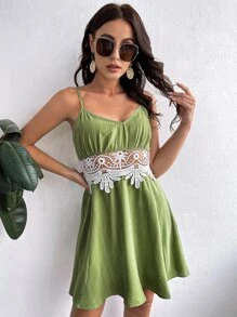 SHEIN Đầm Tương phản ren Dây kéo Khối Màu Boho - màu xanh lá - Xem 1