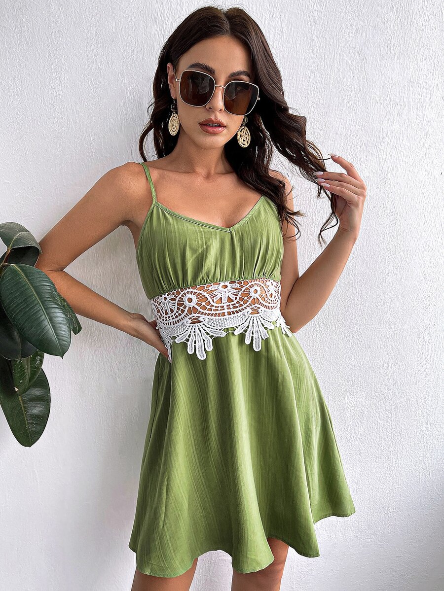 SHEIN Đầm Tương phản ren Dây kéo Khối Màu Boho - màu xanh lá - Xem 1