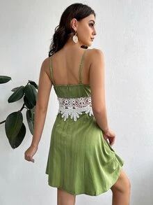 SHEIN Đầm Tương phản ren Dây kéo Khối Màu Boho - màu xanh lá - Xem 2