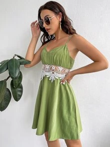 SHEIN Đầm Tương phản ren Dây kéo Khối Màu Boho - màu xanh lá - Xem 3