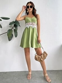 SHEIN Đầm Tương phản ren Dây kéo Khối Màu Boho - màu xanh lá - Xem 4