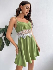 SHEIN Đầm Tương phản ren Dây kéo Khối Màu Boho - màu xanh lá - Xem 5