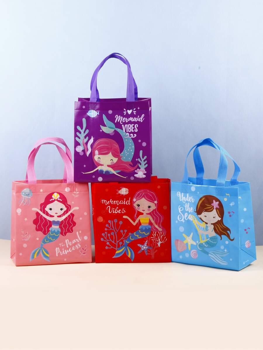 4pcs Mermaid Print Gift Bag, Cartoon Portable Storage Bag For Party - Multicolor - View 1