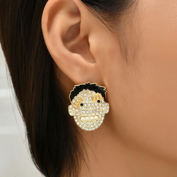 

Rhinestone Figure Decor Stud Earrings, Gold