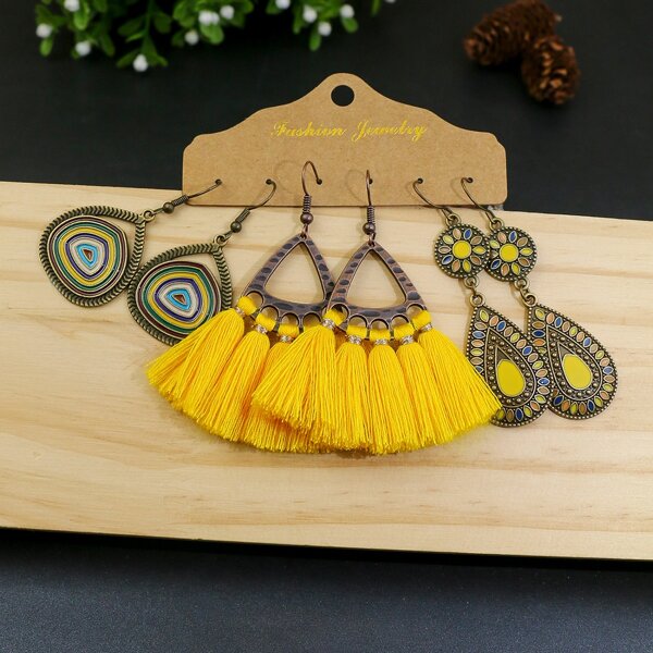

3pairs Water-drop & Tassel Decor Earrings, Multicolor