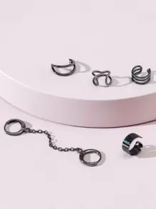5pcs Minimalist Earring With Chain - Black - View 2