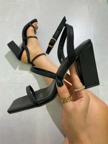 細帶粗高跟涼鞋 - 黑色 - 查看 5