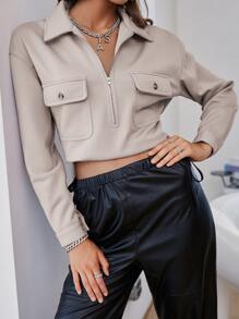 Sollinarry 翻蓋口袋落肩袖短款運動衫 - 卡其色 - 查看 1