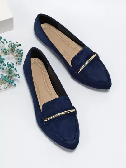 2025 Autumn Metallic Decor Suedette Loafers, Blue Elegant Solid Color Loafers Made Of Pure Metal