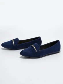 2025 Autumn Metallic Decor Suedette Loafers, Blue Elegant Solid Color Loafers Made Of Pure Metal - Blue - View 3