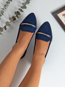 2025 Autumn Metallic Decor Suedette Loafers, Blue Elegant Solid Color Loafers Made Of Pure Metal - Blue - View 4
