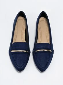 2025 Autumn Metallic Decor Suedette Loafers, Blue Elegant Solid Color Loafers Made Of Pure Metal - Blue - View 5