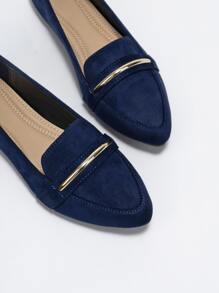 2025 Autumn Metallic Decor Suedette Loafers, Blue Elegant Solid Color Loafers Made Of Pure Metal - Blue - View 6