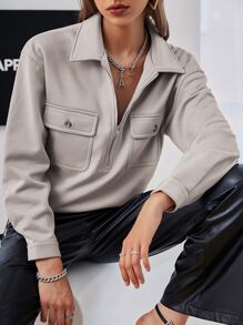 Sollinarry 翻蓋口袋落肩袖短款運動衫 - 卡其色 - 查看 7