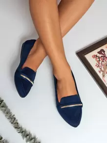 2025 Autumn Metallic Decor Suedette Loafers, Blue Elegant Solid Color Loafers Made Of Pure Metal - Blue - View 7