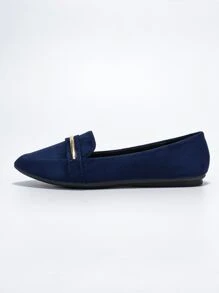 2025 Autumn Metallic Decor Suedette Loafers, Blue Elegant Solid Color Loafers Made Of Pure Metal - Blue - View 8