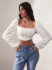 SHEIN Privé Lantern Sleeve Square Neck Crop Top - White - View 1