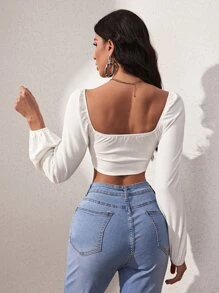 SHEIN Privé Lantern Sleeve Square Neck Crop Top - White - View 2