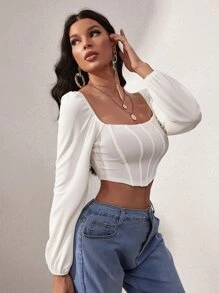 SHEIN Privé Lantern Sleeve Square Neck Crop Top - White - View 3