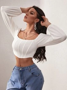 SHEIN Privé Lantern Sleeve Square Neck Crop Top - White - View 4