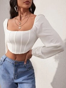 SHEIN Privé Lantern Sleeve Square Neck Crop Top - White - View 6