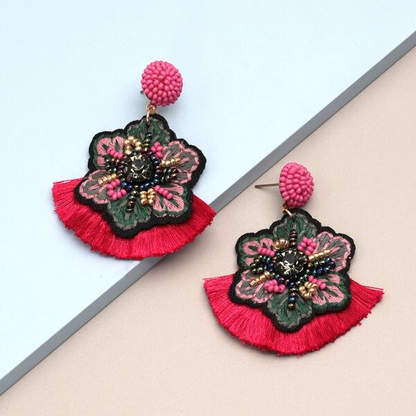 

Flower Embroidered Drop Earrings, Multicolor