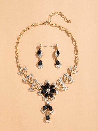 Rhinestone Flower Decor Halsband & Drop Örhängen