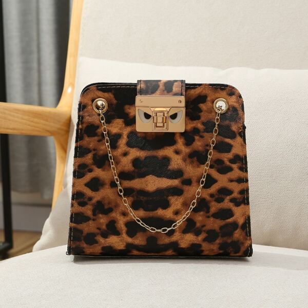 

Leopard Turn Lock Chain Bag, Brown