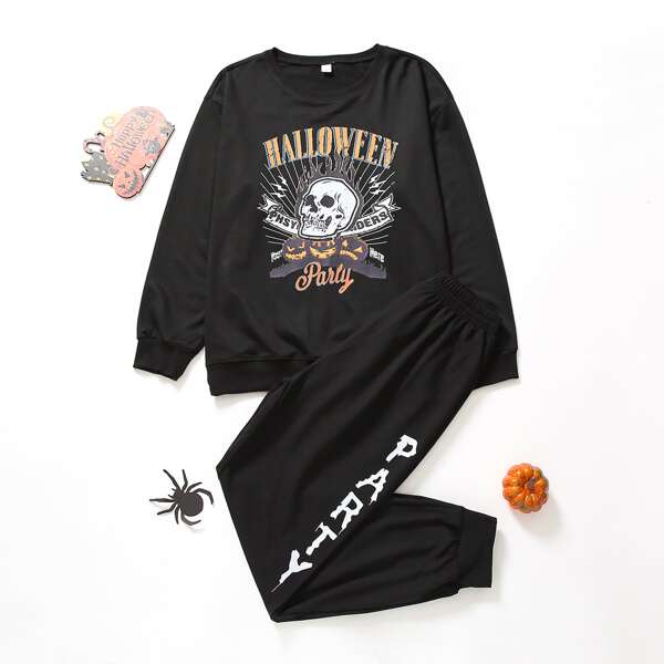 

Men 1pc Halloween Print Sweatshirt And 1pc Sweatpants, Black