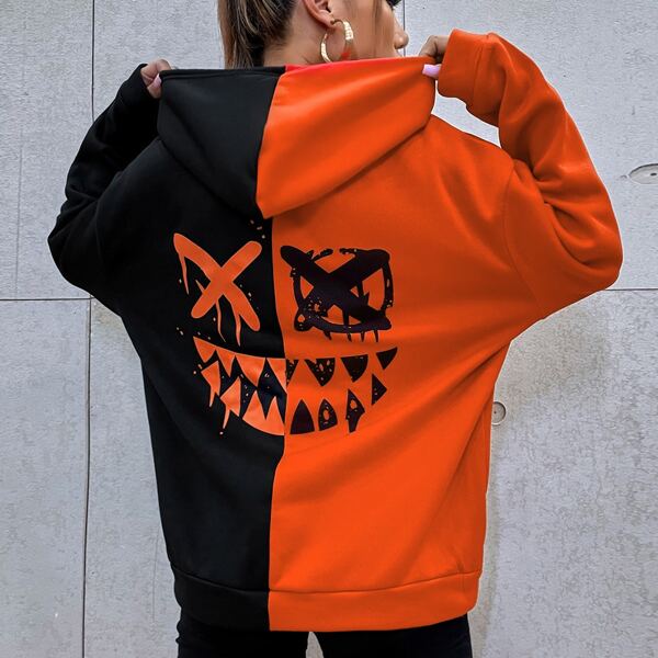 

Cartoon Face Print Two Tone Drop Shoulder Drawstring Hoodie, Multicolor