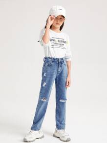 女孩破洞直筒牛仔褲 - 中等水洗藍 - 查看 1