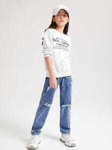 女孩破洞直筒牛仔褲 - 中等水洗藍 - 查看 4