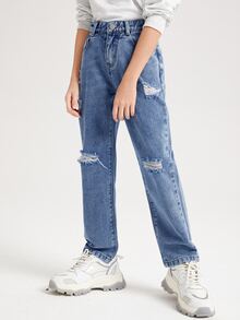 女孩破洞直筒牛仔褲 - 中等水洗藍 - 查看 5