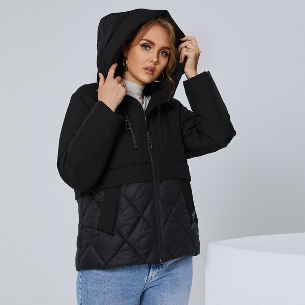 

Plus Letter Graphic Zip Up Hooded Winter Coat, Black