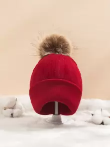 Toddler Kids Pom Pom Knit Hat - Burgundy - View 1