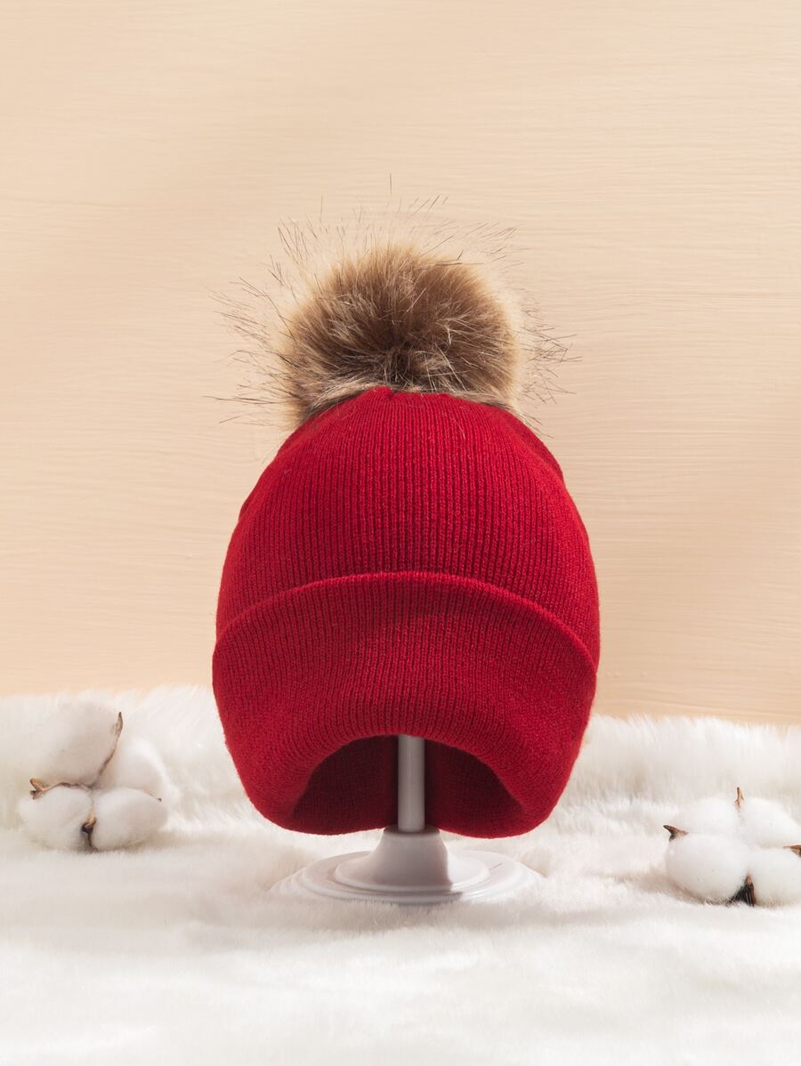 Toddler Kids Pom Pom Knit Hat - Burgundy - View 1