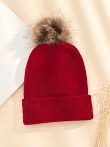 Toddler Kids Pom Pom Knit Hat - Burgundy - View 2