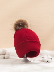 Toddler Kids Pom Pom Knit Hat - Burgundy - View 3