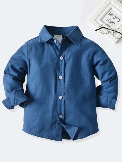 小男孩纯色纽扣前襟衬衫 男孩蓝色衬衫 儿童蓝色衬衫 男婴正装衬衫 男婴衬衫 男婴衬衫