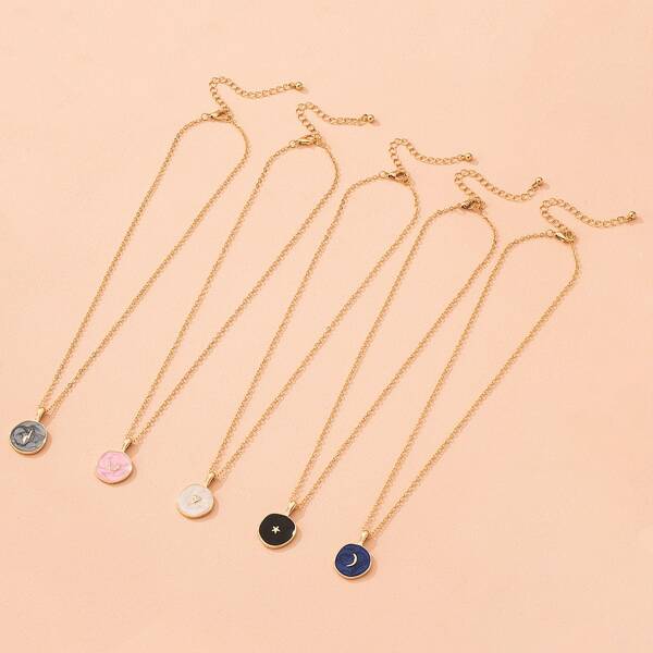 

5pcs Moon & Heart Detail Pendant Necklace, Multicolor