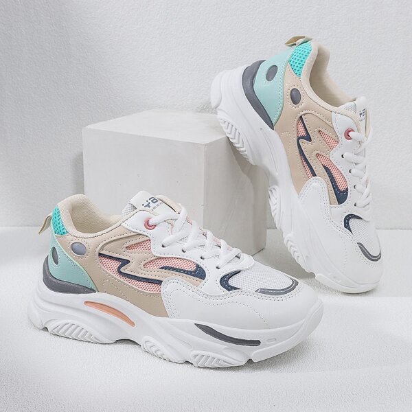 

Colorblock Breathable Lace-up Front Chunky Sneakers, Multicolor